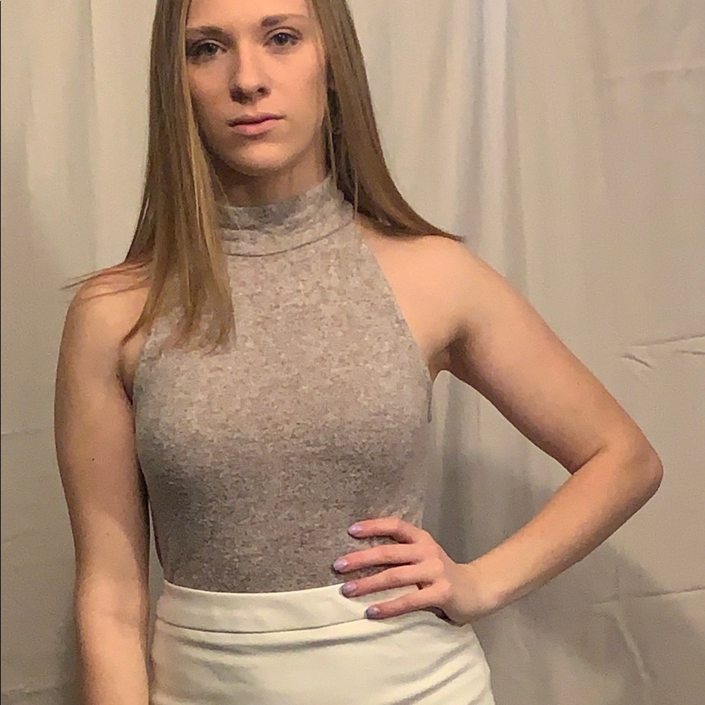 Tan high-neck racer back sweater